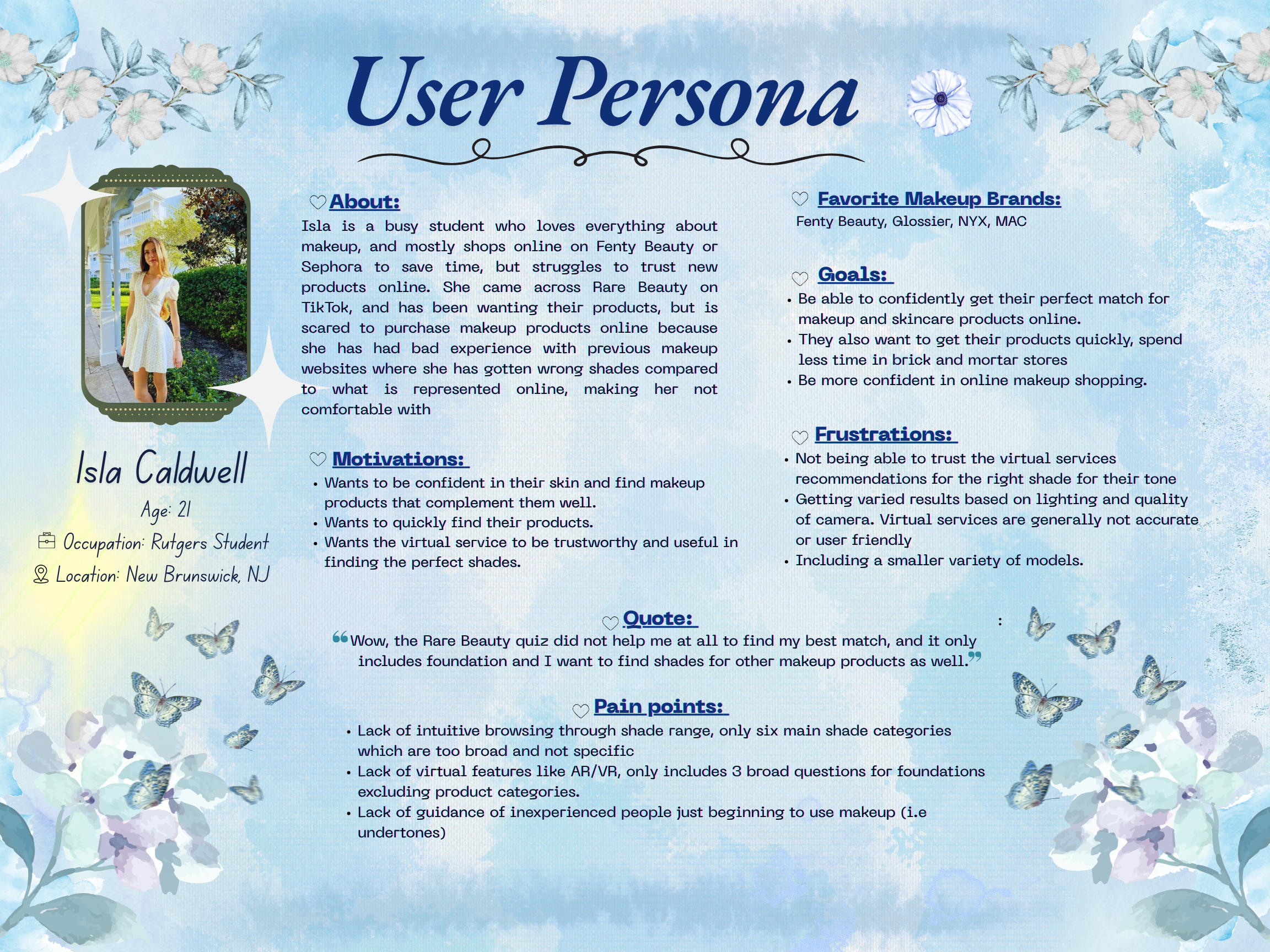 User persona: Genevieve Caldwell, 21, Rutgers Student